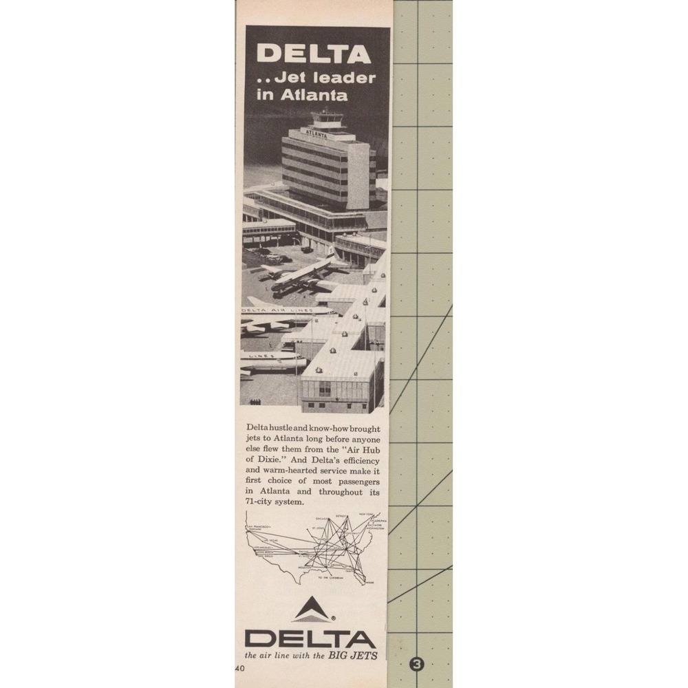 1961 Delta Air Lines Vintage Print Ad Jet Leader in Atlanta  Big Jets Aviation